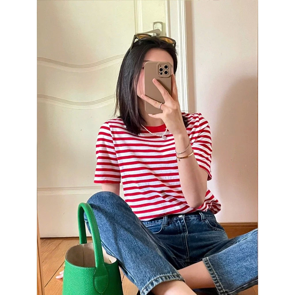 Áo thun nữ kẻ sọc Ngắn Menina_studio, áo thun nữ ngắn tay kẻ sọc Cotton 4c mềm mại mặc mát