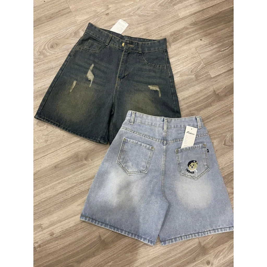 228 Quần bò ngố cào rách nữ thêu gấu, short jeans lưng cao dáng ngố cạp chun co giãn thoải mái size S-2XL