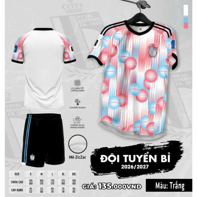 Bộ Quần Áo Đá Banh Bỉ Trắng (Nhận In Tên Số) Thun Mè Cao Cấp Logo Thêu Nam Nữ Top Sport