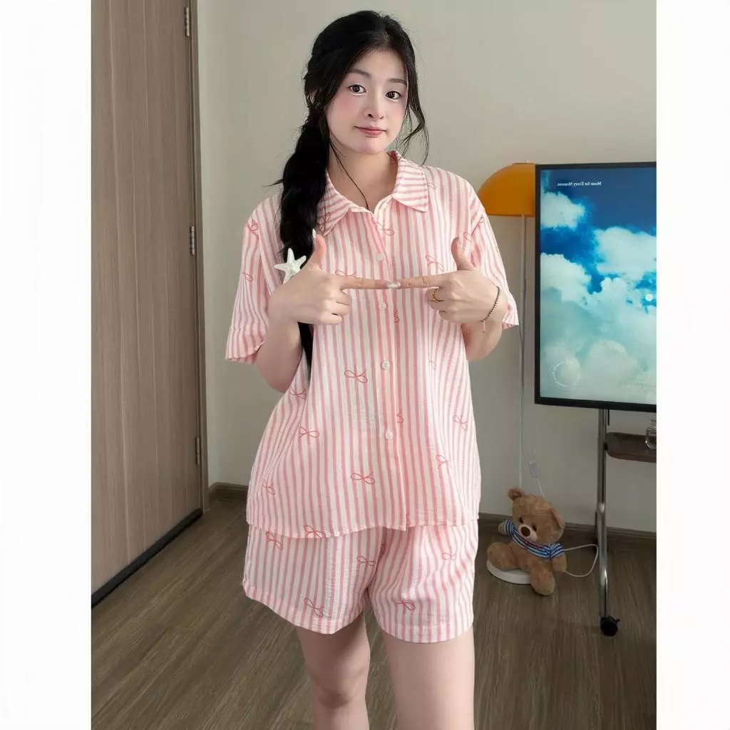 Kozoda Đồ Ngủ Cotton BN79 Họa Tiết Kẻ Sọc Dễ Thương Dáng Suông Dài Tay Thoải Mái Chất Liệu Mềm Mại Phù Hợp