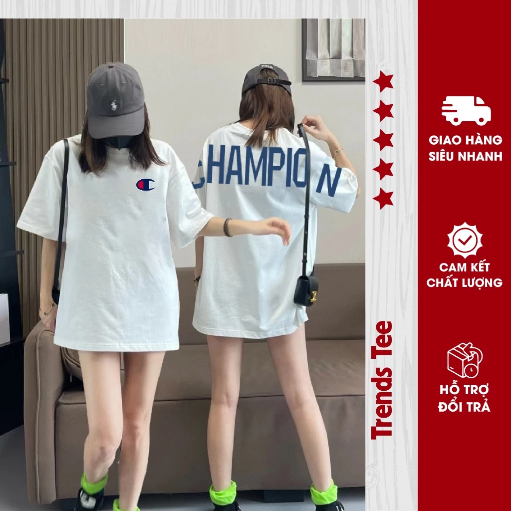 Áo Thun Nam Nữ Cotton 100% Cao Cấp 250Gsm In Hình Champion Form Dày Dặn Co Giãn 2 Chiều