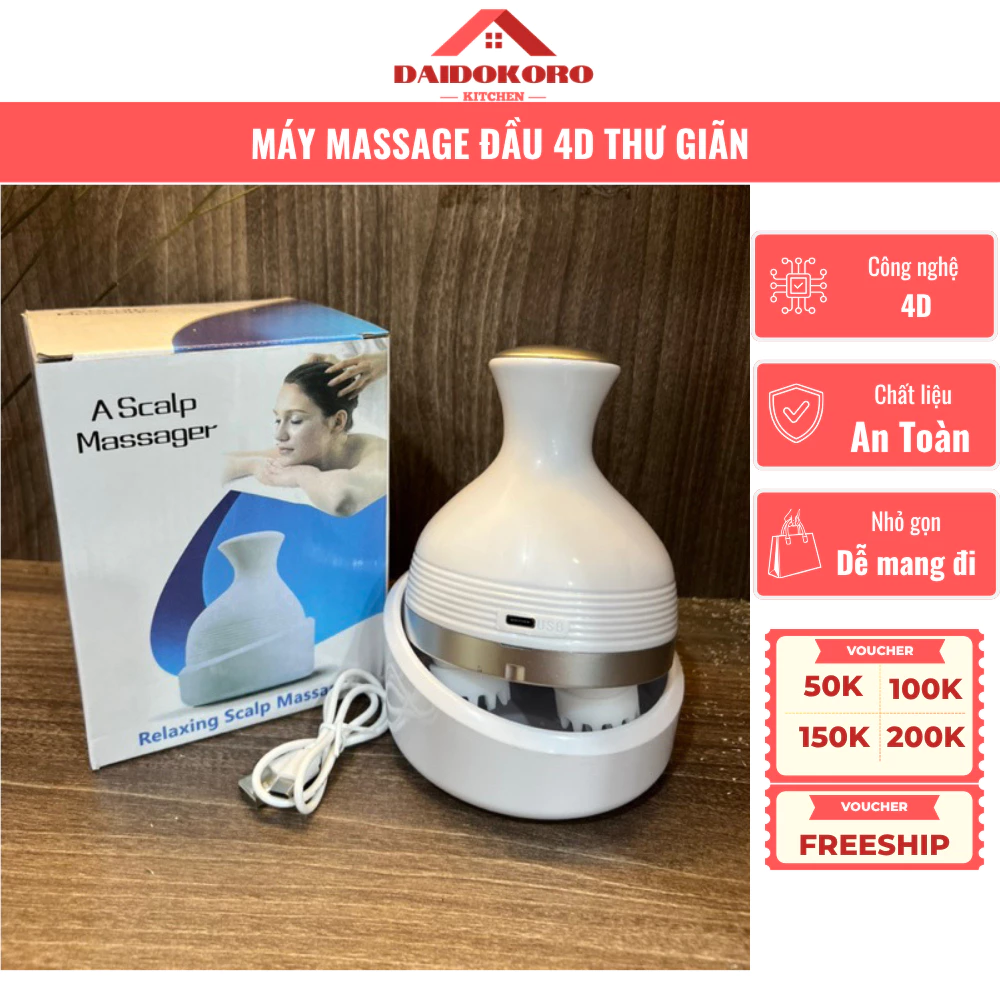 Máy Massage Đầu 4D, Có 04 Đầu Massage, Chất Liệu Silicon Cao Cấp, Chống Nước, Nhỏ Gọn, Tiện Lợi