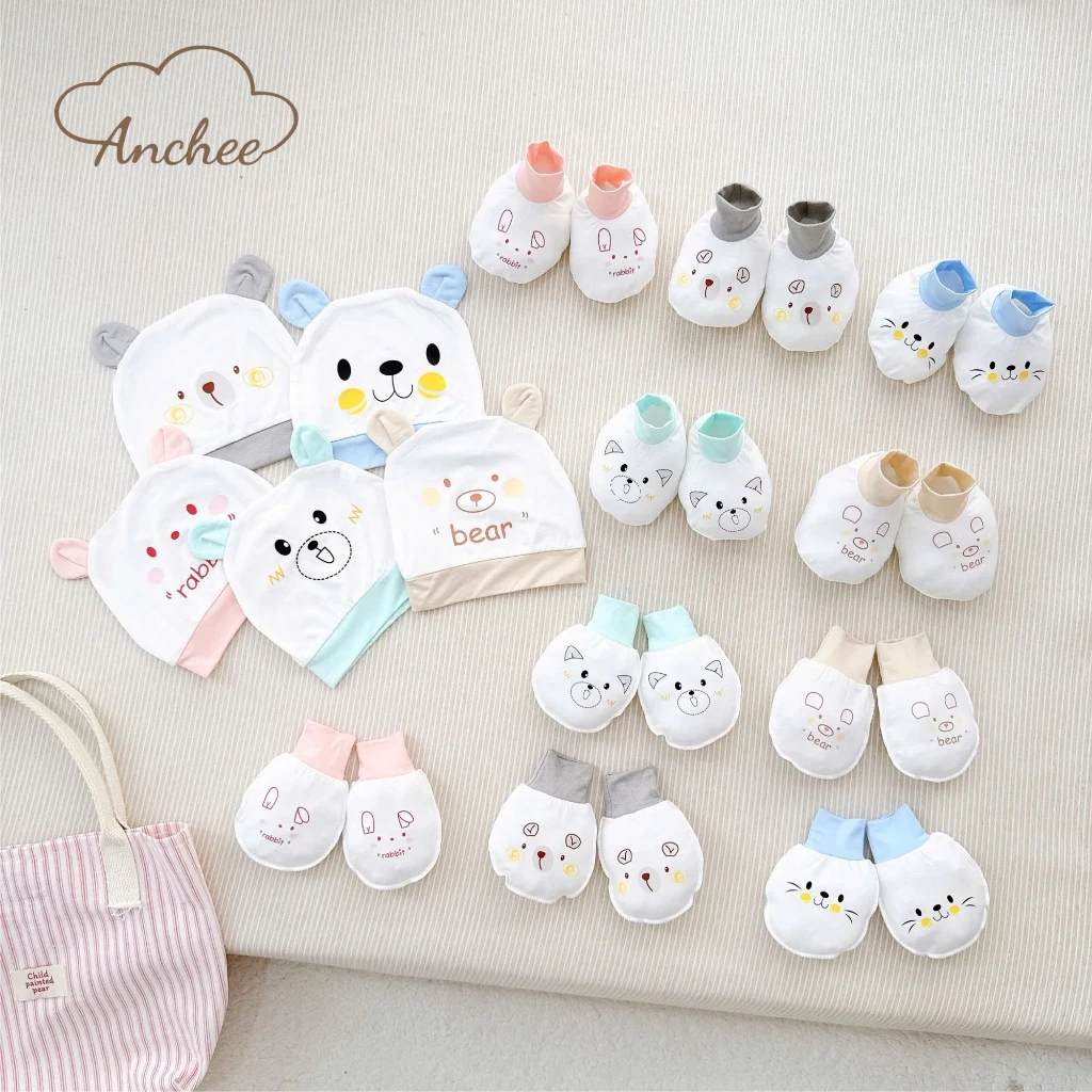 S4. Set Mũ Bao Tay Bao Chân Anchee Cho Bé Sơ Sinh Vải Petit Mềm Mỏng Mát (0-2M: 3-5kg)