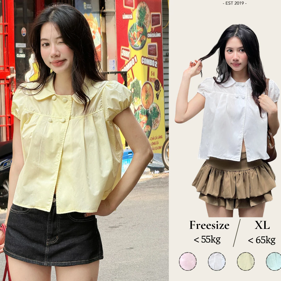 𝙃𝘼𝙉𝘼.𝘾𝙡𝙤𝙩𝙝// Áo babydoll 4 cúc tay bồng cổ sen, Áo kiểu babydoll dễ thương - A596