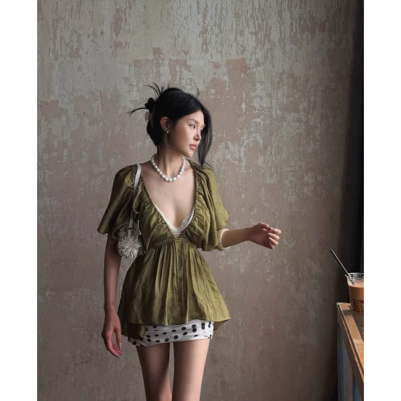 Ruffle Blouse Top - Áo babydoll tay bèo cổ V nữ (ko kèm bra) QuynhTrangBasic phong cách tiểu thư vintage