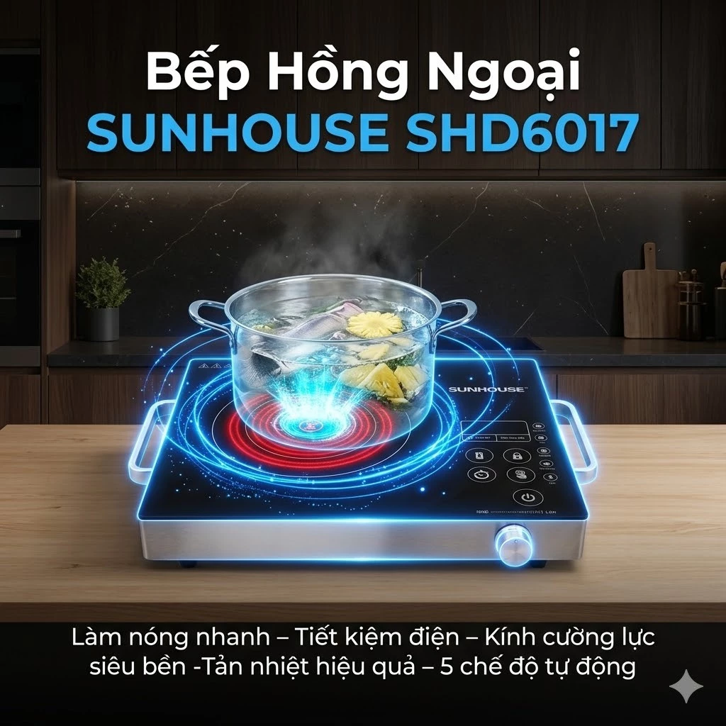 Bếp Hồng Ngoại SUNHOUSE SHD6017 Cao Cấp Chính Hãng – Nấu Nhanh Siêu Tiện, Mặt Kính Chịu Nhiệt Bền Bỉ, Dùng Được Mọi Loại