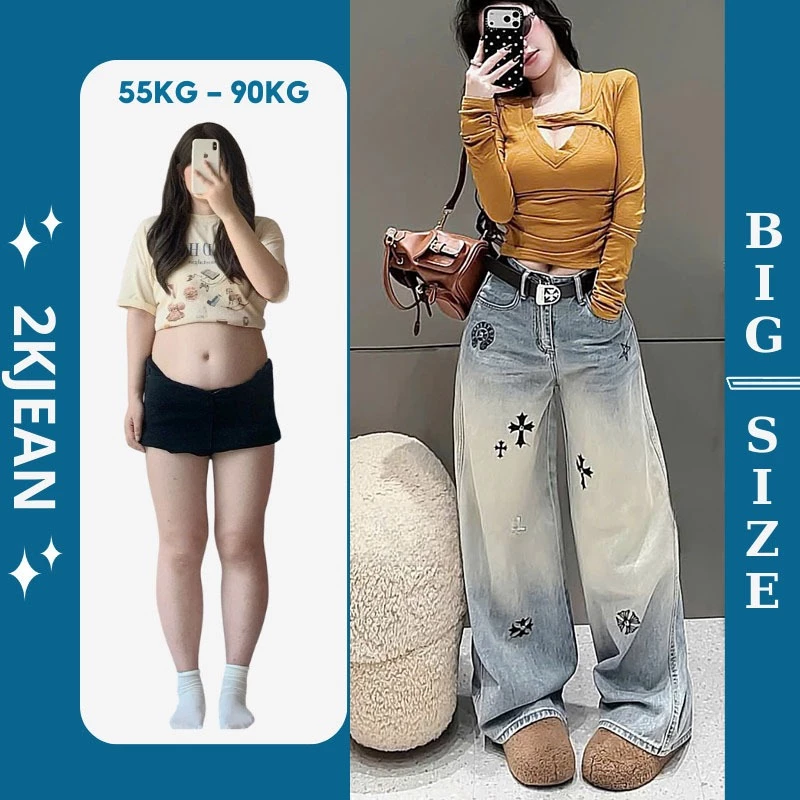Quần suông ống rộng jean nữ thêu hình Bigsize 55-90kg, kiểu form ống rộng thêu hàng QC 2KJeans QC255