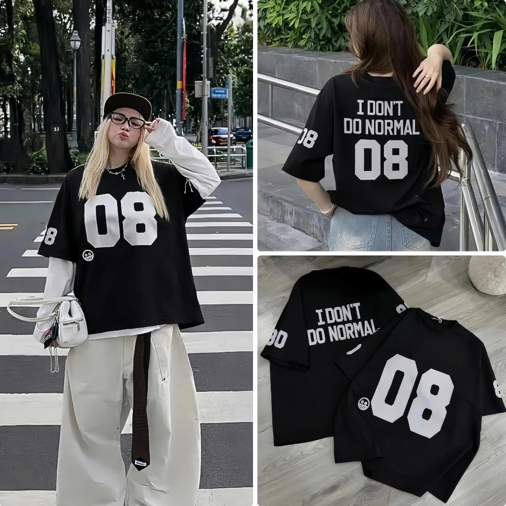 Áo phông unisex họa tiết số 08 in chữ Normal, áo thun form rộng Tino phối chữ basic chất liệu cotton dày dặn dễ phối đồ