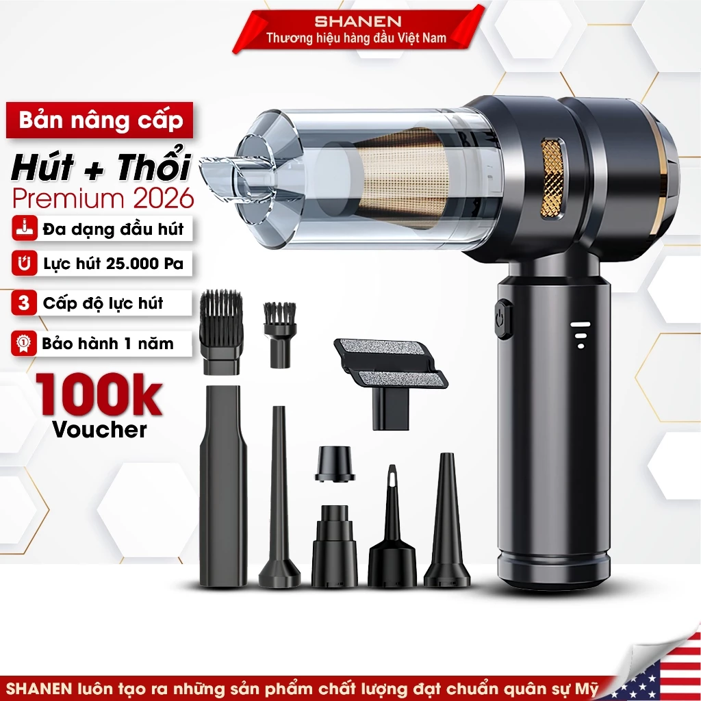 Máy hút bụi cầm tay SHANEN, Hút thổi bụi đa năng, 3 cấp độ, Lực hút 25.000 Pa, Bảo hành 12 tháng