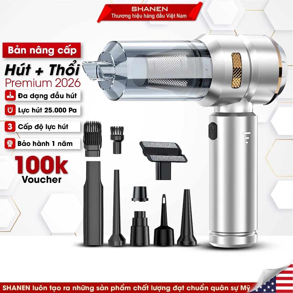 Máy hút bụi cầm tay SHANEN, Hút thổi bụi 2in1, Lực hút 25.000 Pa, 3 cấp độ gió, bảo hành 12 tháng