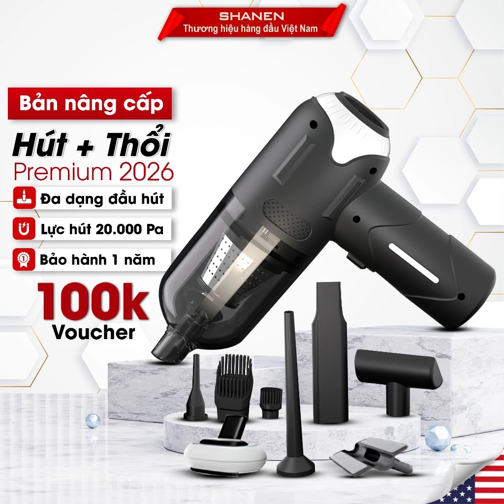 Máy hút bụi cầm tay SHANEN, Vừa hút vừa thổi đa năng, lực hút 20.000Pa, BH 12 tháng