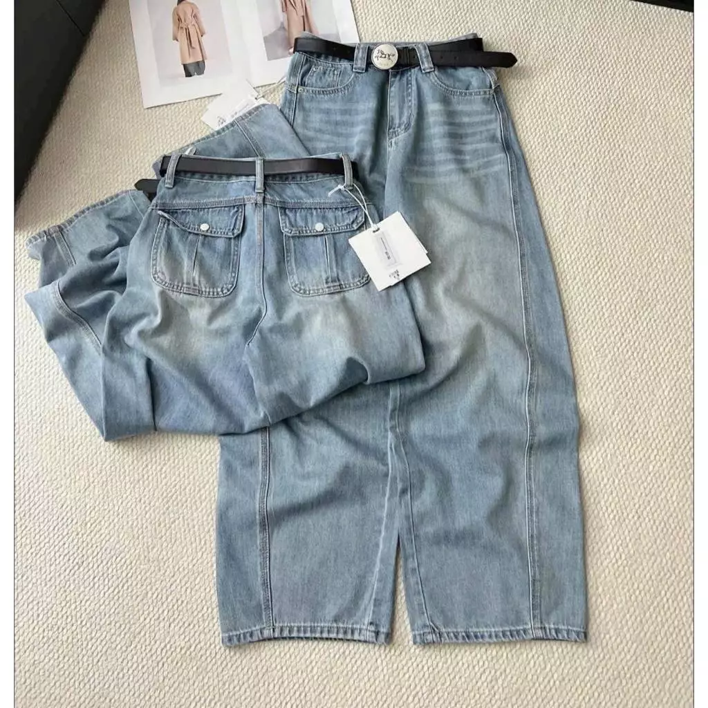 Quần Bò Jeans Nữ Ống Rộng, Quần Bò Denim Suông Ống Rộng Bí Cong Túi Nắp Màu Xanh Phối Viền Cạp Cao Siêu Hách Dáng