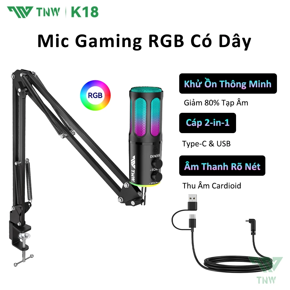 TNW K18 Micrô chơi game không dây USB Đèn RGB Condenser Micro thu âm mic game cho PC/game/livestream