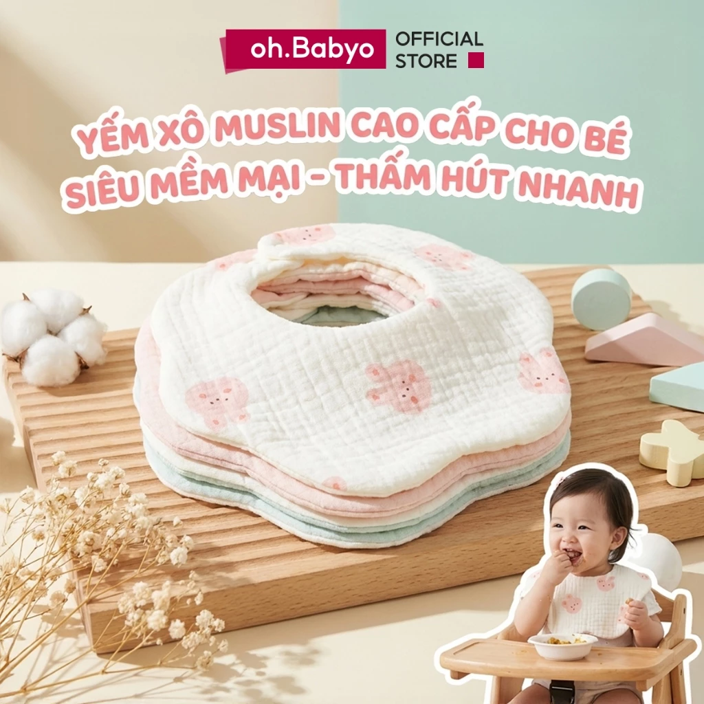 Yếm Xô Muslin 6 Lớp Siêu Mềm Mại Cho Bé Sơ Sinh Ohbabyo Yếm Ăn Dặm Hình Hoa Thấm Hút Tốt Xoay 360 Độ