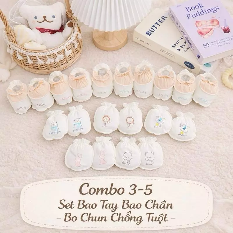 Combo 3-5 Set Bao Tay Bao Chân Bo Chun Chống Tuột Cho Bé Sơ Sinh Vải Thun Lạnh Mềm Mát (Trắng Kem)