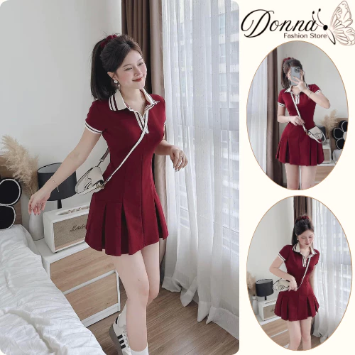 Váy Nữ Polo Xếp Ly DONNA HCOM3556 Form Ôm Tôn Dáng – Đầm Ngắn Tay Phối Cổ Sọc Trẻ Trung Phong Cách Hàn Quốc