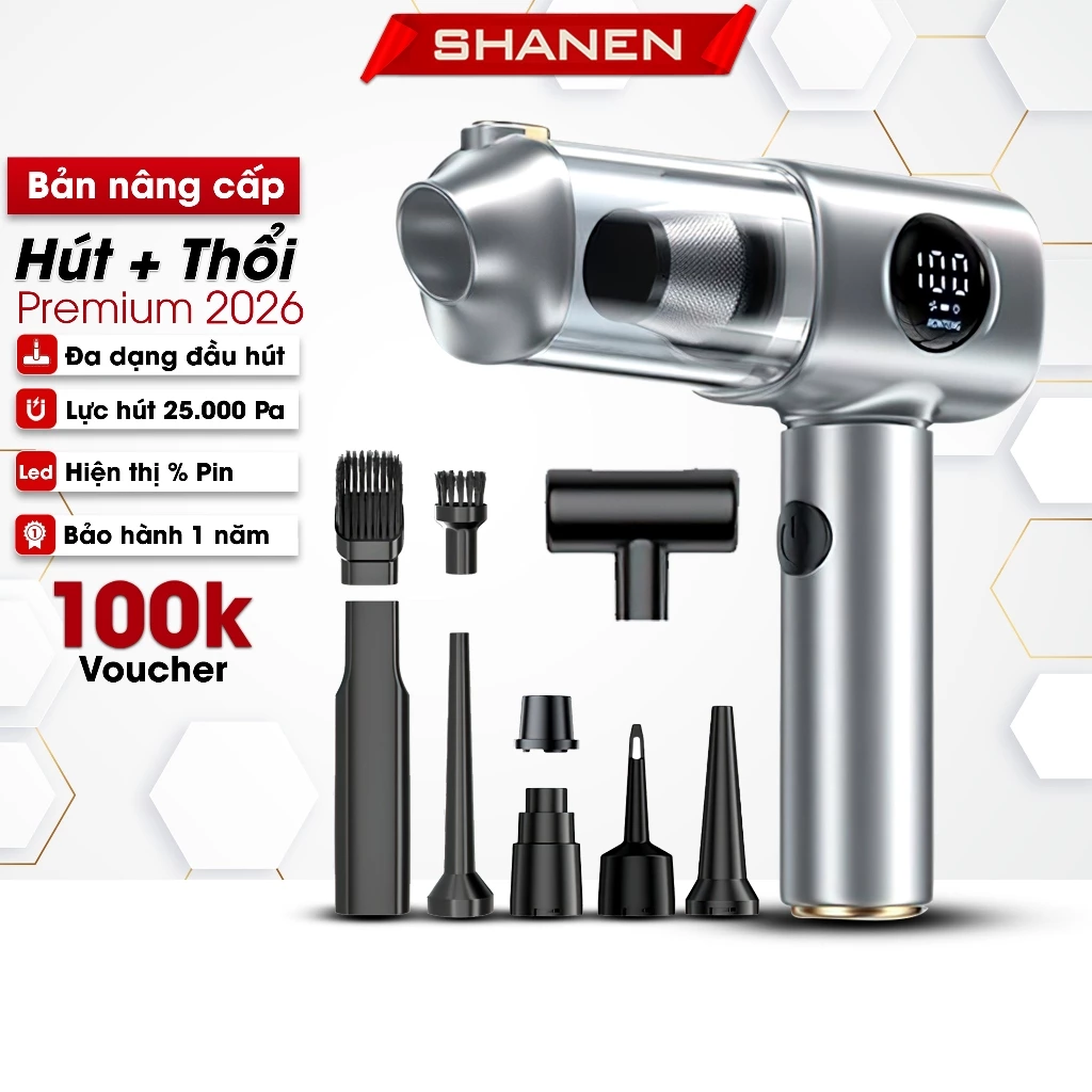 Máy hút bụi cầm tay SHANEN, Hút thổi đa năng, công suất 25.000 Pa, Lõi lọc thép bền bỉ, bảo hành 12T