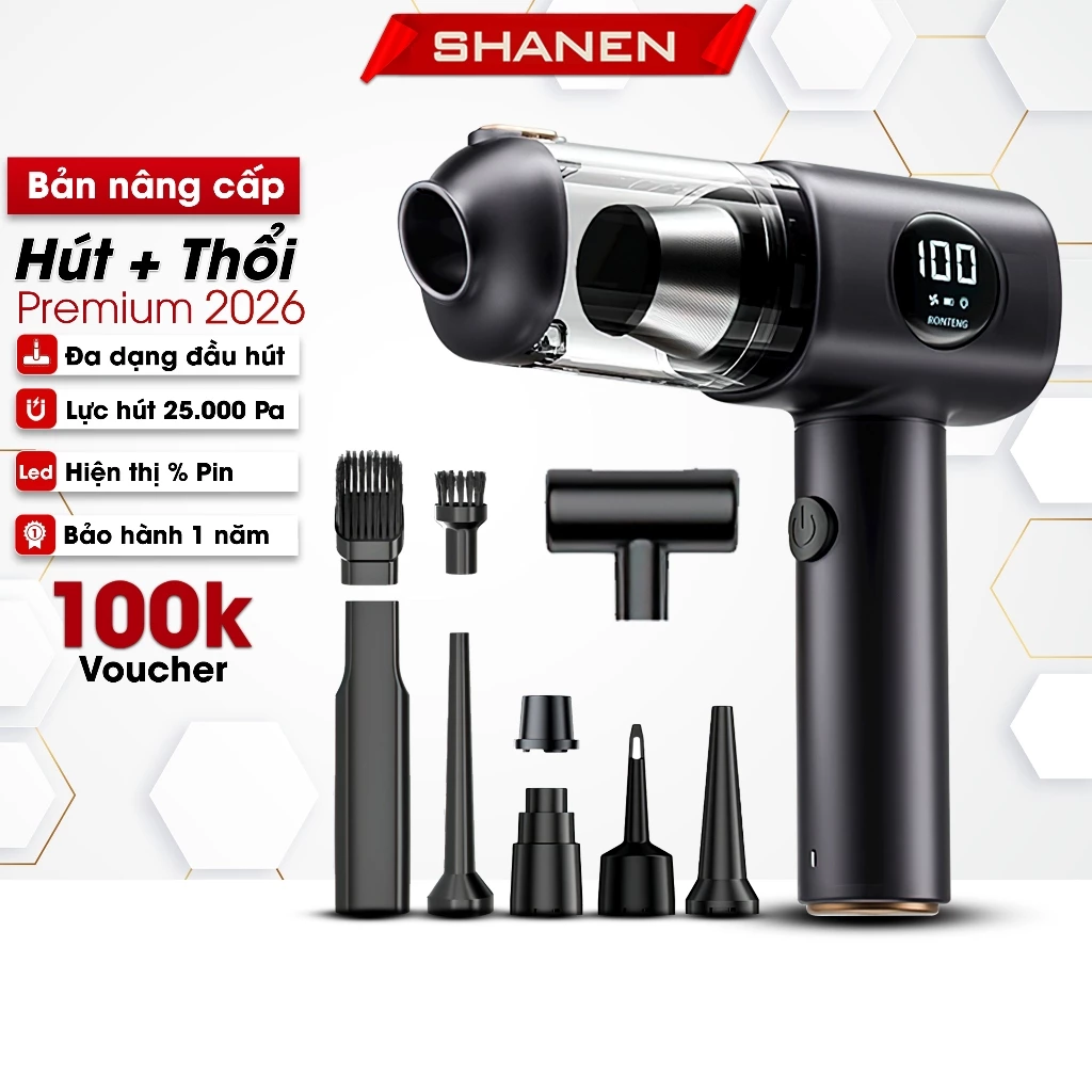 Máy hút bụi cầm tay không dây SHANEN, Lõi lọc thép bền bỉ, Công suất 25.000 Pa, Hút thổi bụi đa năng