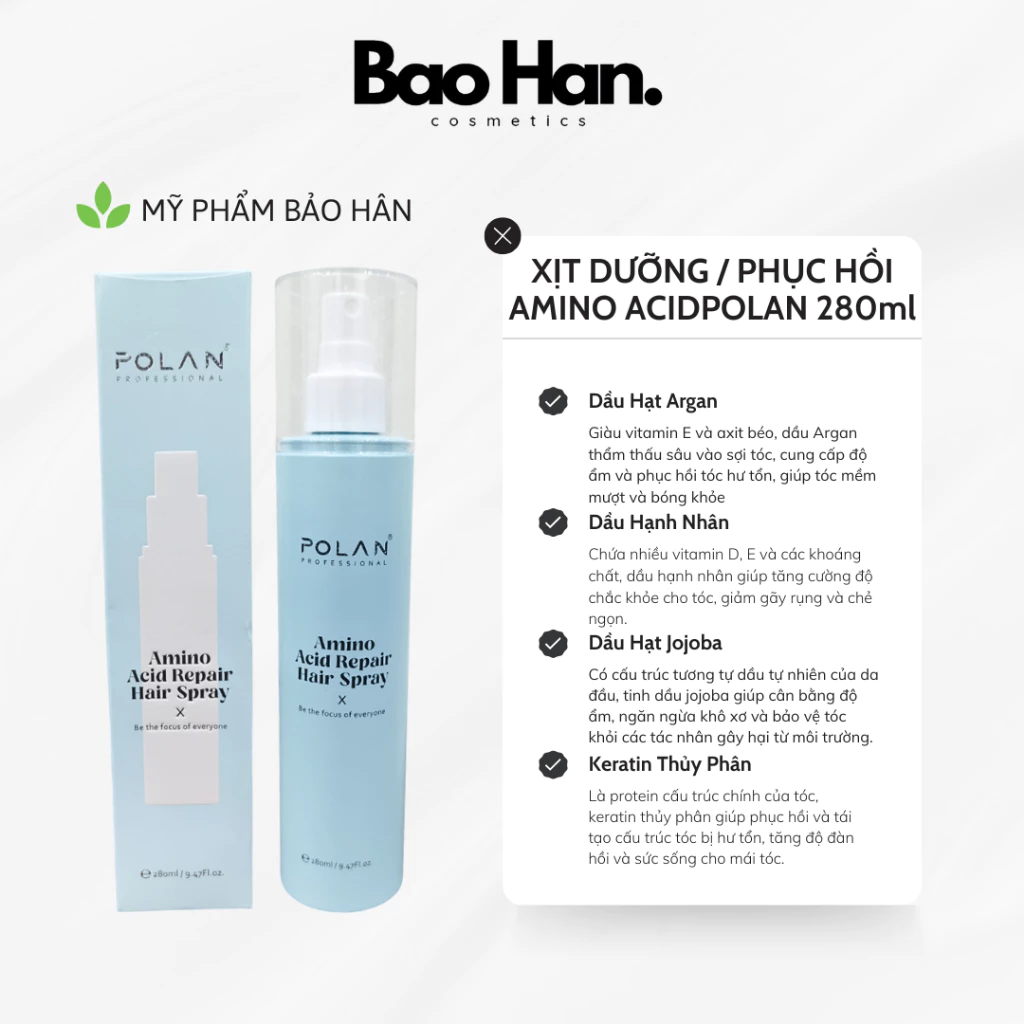 XỊT PHỤC HỒI AMINO ACID POLAN 280ML - HỒI PHỤC CẤU TRÚC LÕI TÓC, GIÚP TÓC ĐANH DAI, CĂNG SÓNG, BỀN MÀU