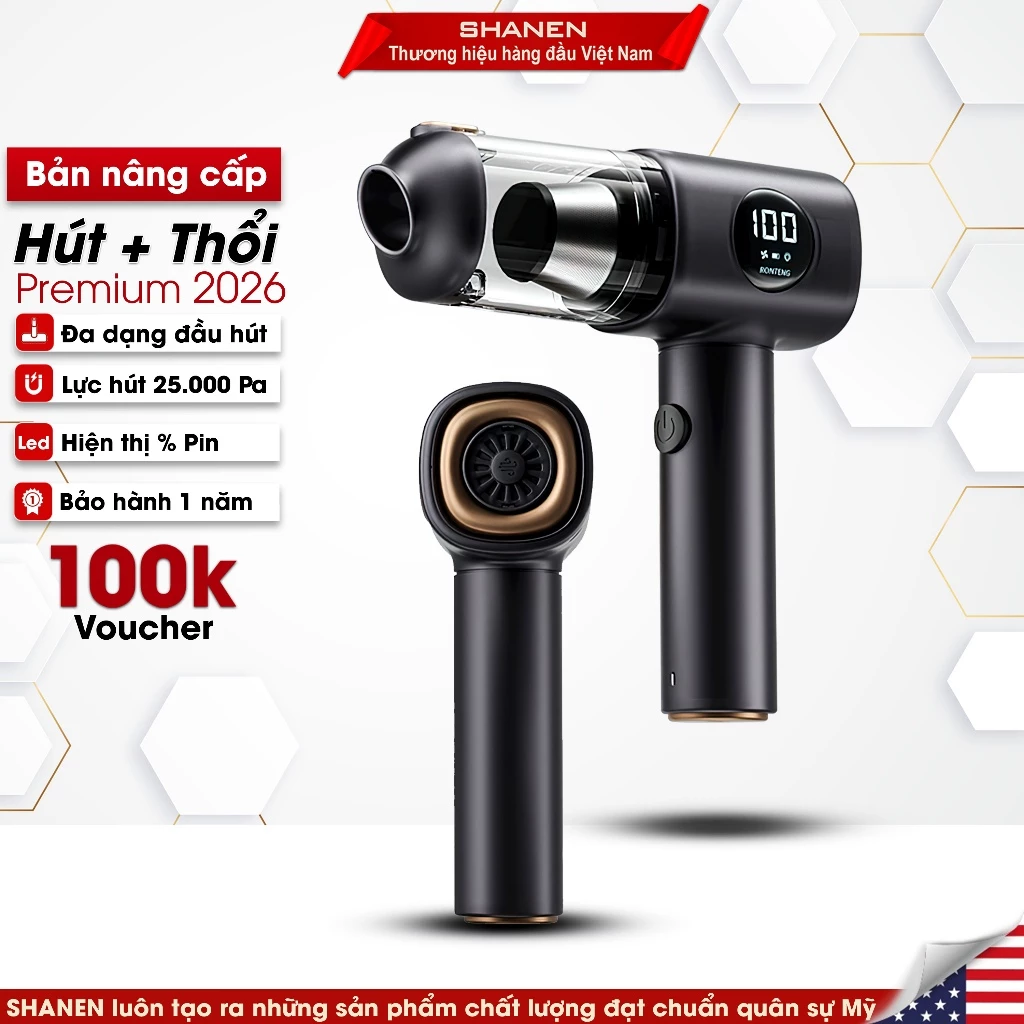 Máy hút bụi thổi đa năng cầm tay SHANEN, Màn hình Led hiển thị Pin, Lực hút 25.000Pa, Bảo hành 12 th