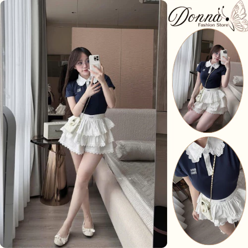 Set đồ nữ, đồ bộ nữ DONNA HCOM25837 áo polo cổ ren mix chân váy tầng xoè tiểu thư, xinh xắn
