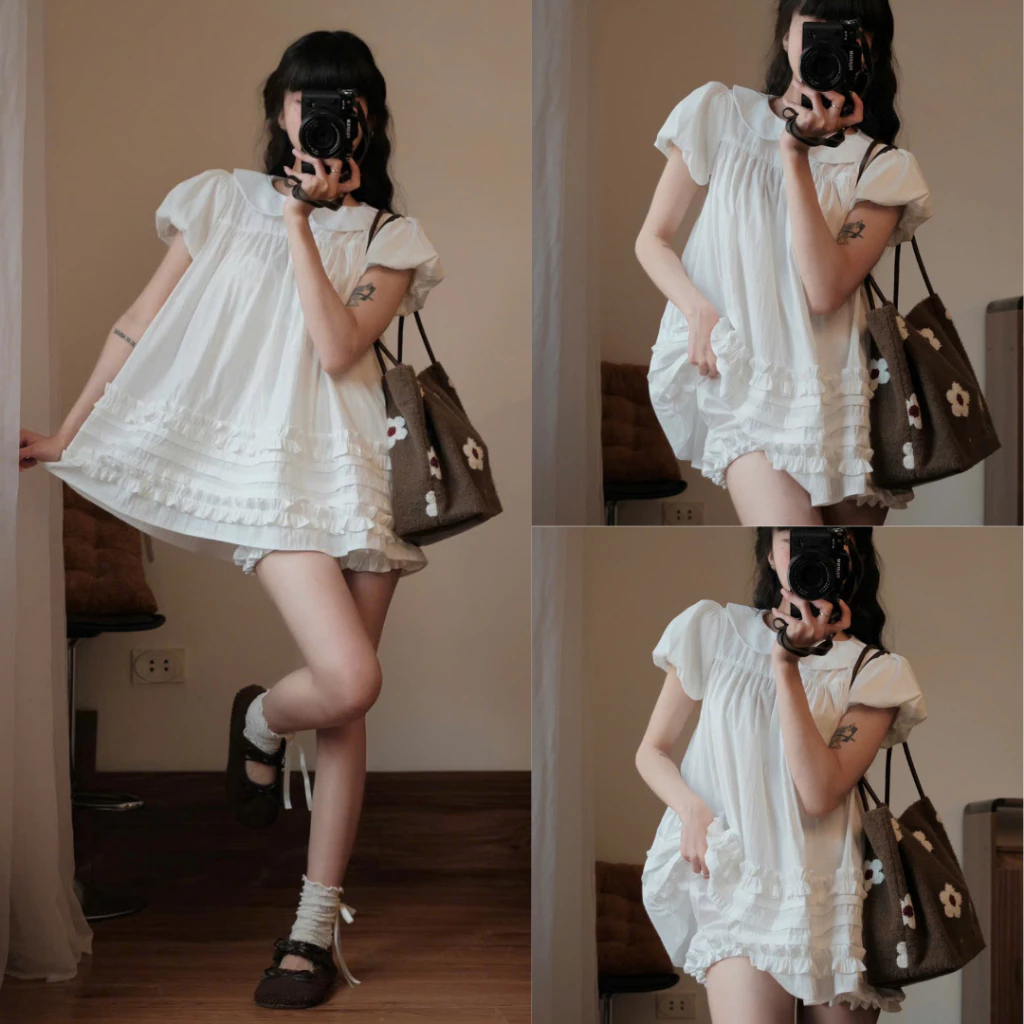 𝙏𝒉𝙖𝒐𝙫𝒊_𝑼𝙡𝒍𝙯𝒂𝙣𝒈// Áo Váy Babydoll Cổ Sen 2 Lớp Form Rộng Gấu Viền Bèo Kèm Quần Bí Phồng Bo Chun 247Store