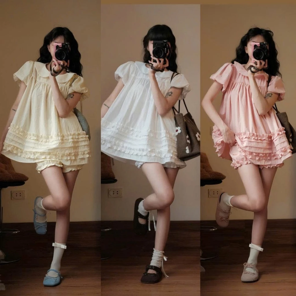 Áo Váy Babydoll Cổ Sen 2 Lớp Form Rộng Gấu Viền Bèo Kèm Quần Bí Phồng Bo Chun 247Store - ÁO babydoll Kèm Quần Bí HOT2026
