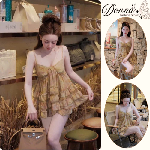 Đầm nữ, váy nữ DONNA HCOM26058 2 dây viền bèo tầng dáng babydoll xinh xắn, tiểu thư