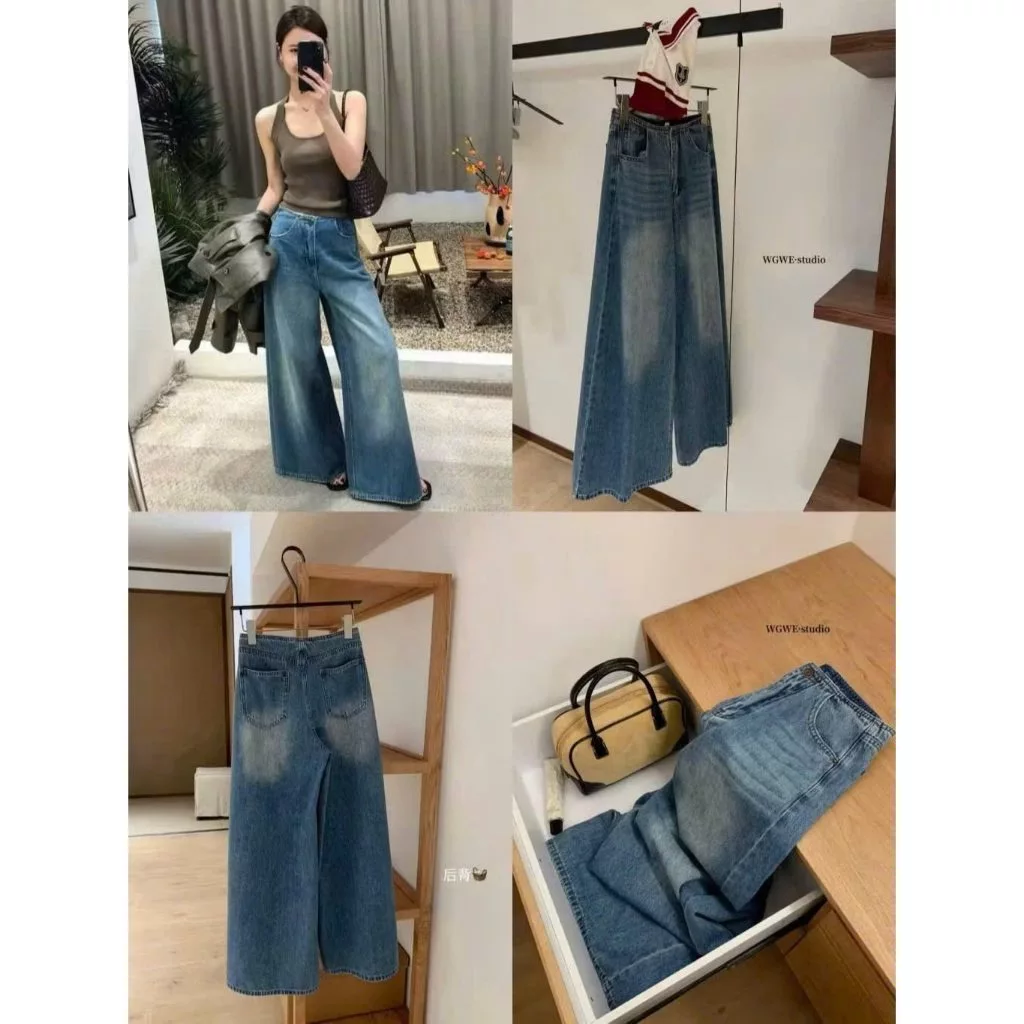 Quần Bò Jeans Nữ Ống Rộng, Quần Bò Denim Suông Ống Rộng Màu Xanh Cạp Tua Bản Cạp Cao Siêu Hách Dáng Cực Đỉnh