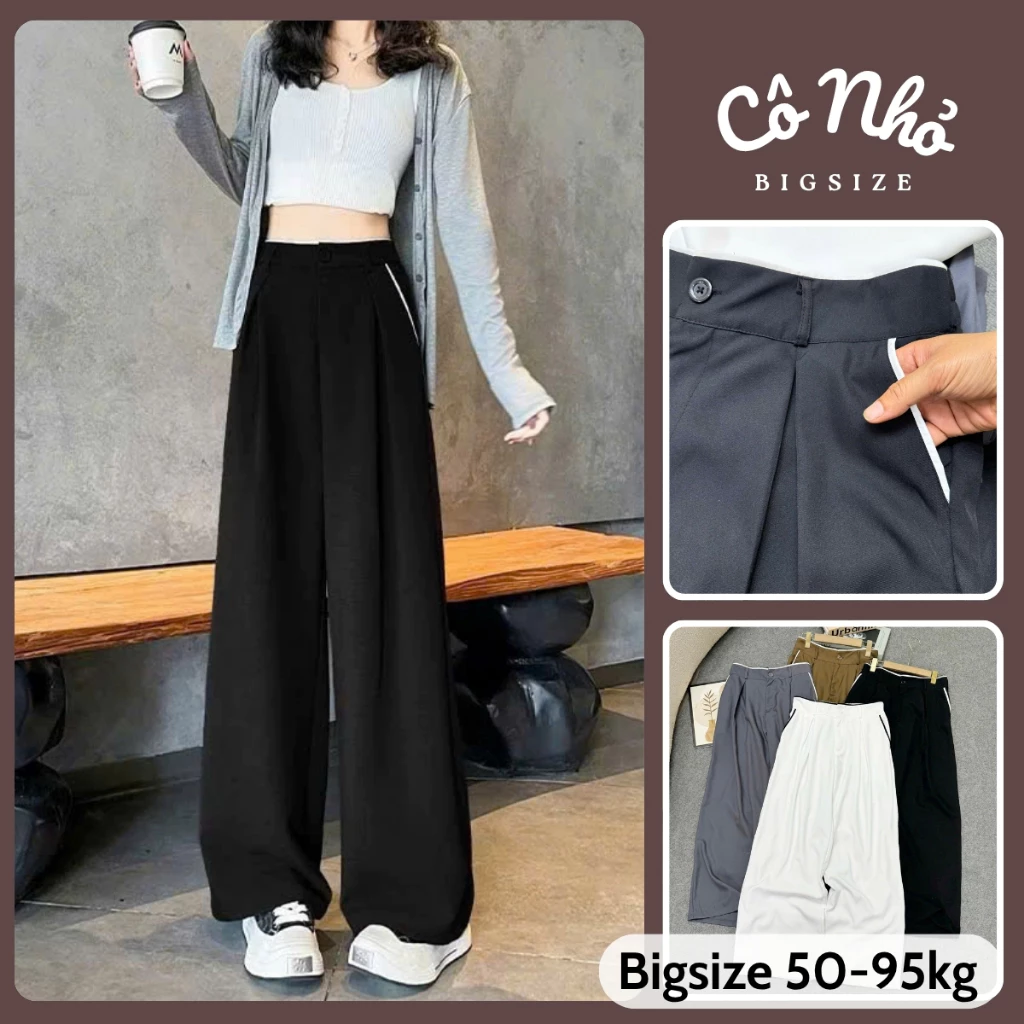 Quần Ống Rộng Bigsize Nữ Quần Suông Cạp Cao Viền Trắng Tôn Dáng Lưng Chun Co Giãn Q574