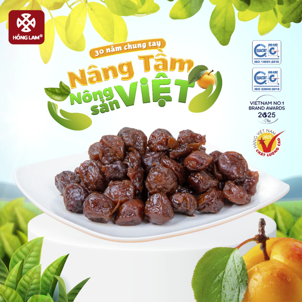 Ô mai (xí muội) mơ xào cay Hồng Lam, dạng hộp. Có vị chua, cay, ngọt tự nhiên