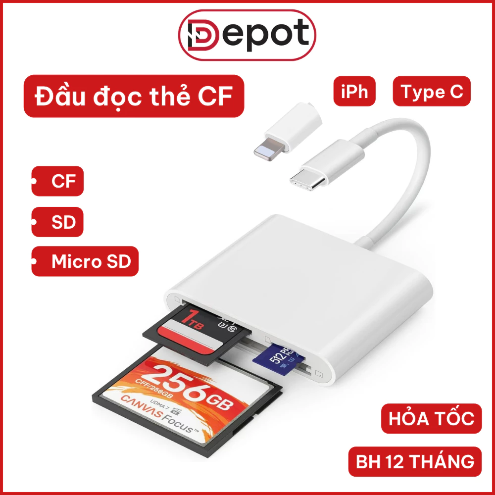 Đầu đọc thẻ CF/SD/TF cho điện thoại, laptop 3 trong 1 tốc độ cao, không cần cài đặt siêu tiện lợi.
