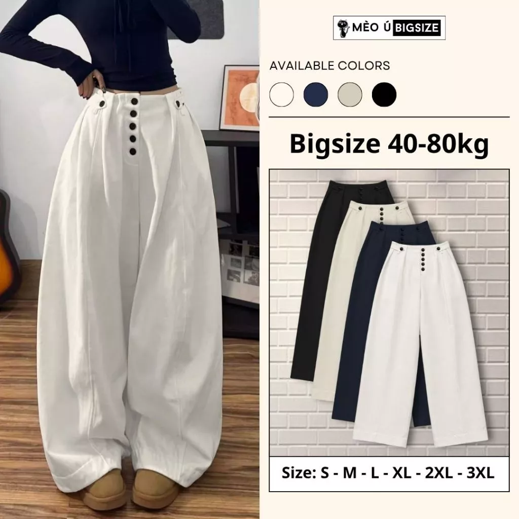 Quần ống rộng nữ BIGSIZE Mèo Ú quần cạp trễ xếp ly phối cúc dáng thụng trẻ trung tôn dáng phong cách Hàn Quốc 980