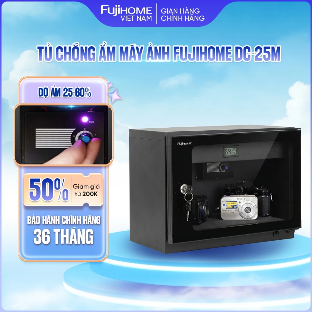 Tủ chống ẩm 25 Lít 1 ngăn FUJIHOME DC-25M, tủ hút ẩm máy ảnh hiển thị % độ ẩm chống xước dry cabinet tiết kiệm điện