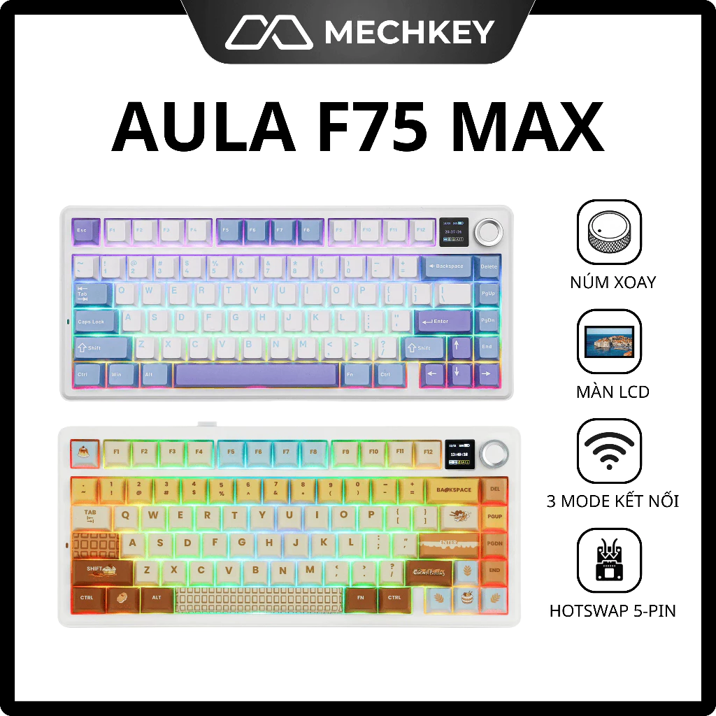 Bàn phím cơ không dây AULA F75 Max - RGB mạch xuôi, Màn LCD, Gasket Mount, Hotswap