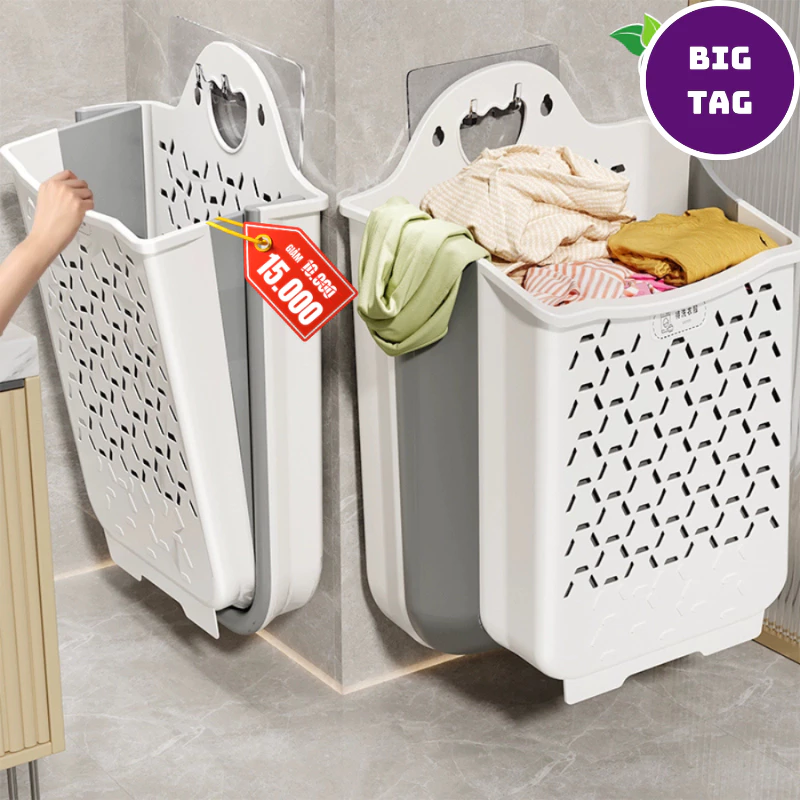 giỏ đựng quần áo thông minh treo tường nhựa cao cấp gập gọn tiết kiệm không gian 9337 (kèm 2 móc dính dán tường)