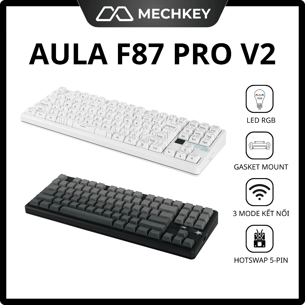 Bàn phím cơ không dây AULA F87 Pro V2 - Pin 10.000mAh, Mạch xuôi, Hotswap, Gasket Mount, 3 Mode