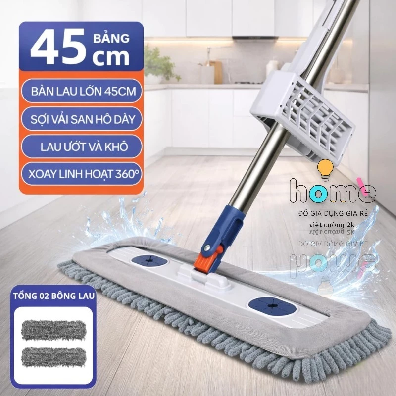 Cây Lau Nhà Tự Vắt 45cm xoay 360 - Cây Lau Kết Hợp Khe Chứa nước lau sàn Tiện Lợi  Bông Lau San Hô Sợi Microfiber 2026