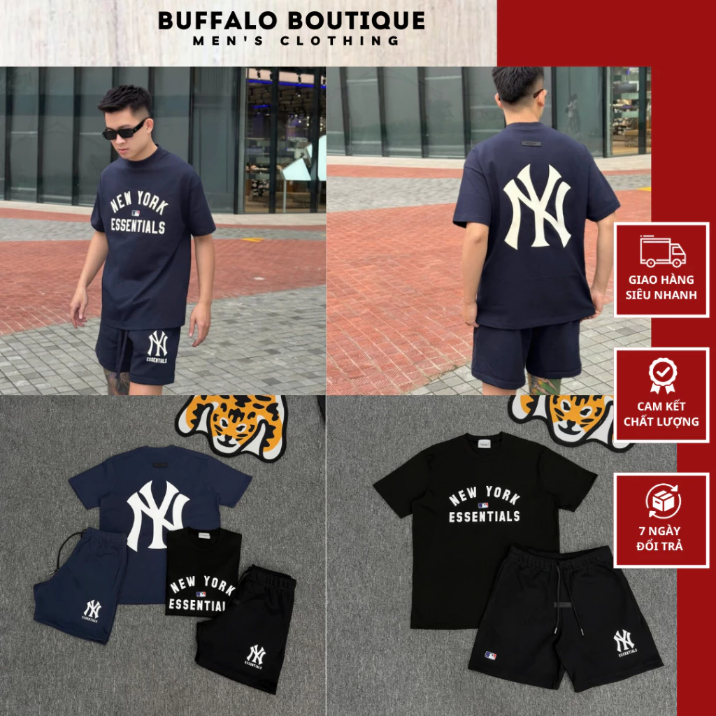 Bộ Quần Áo Mùa Hè Nam Ét Sen Sồ In Chữ New York Cong Cao Cấp - Bộ Cộc Hè Nam Nữ Ét Sen Sồ In Chữ NY Sau Áo Siêu Đẹp
