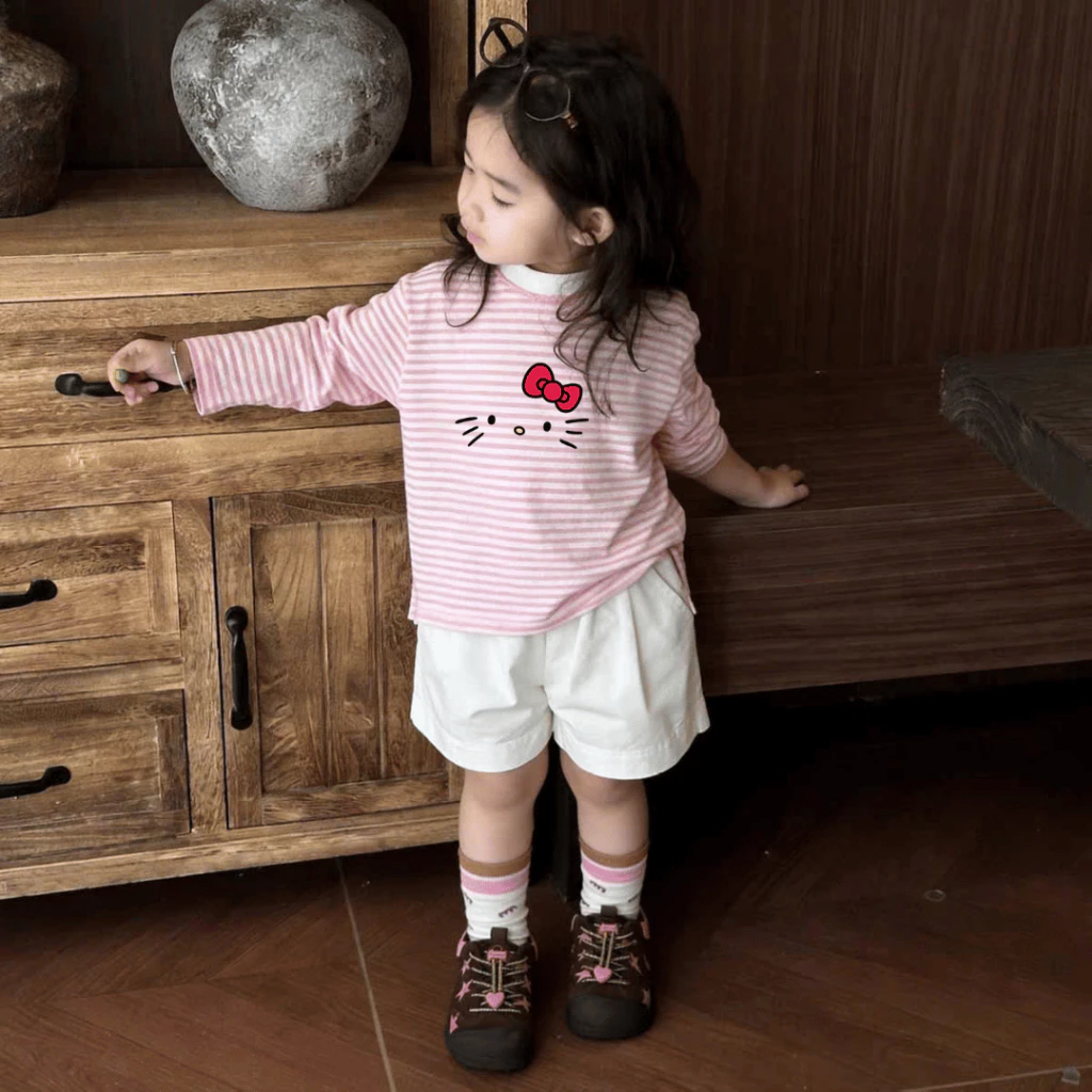 Áo thun dài tay kẻ sọc mặc hè cho bé gái ELIOKIDS, áo phông tay dài sọc kẻ in hình cho bé từ 7kg-32kg.