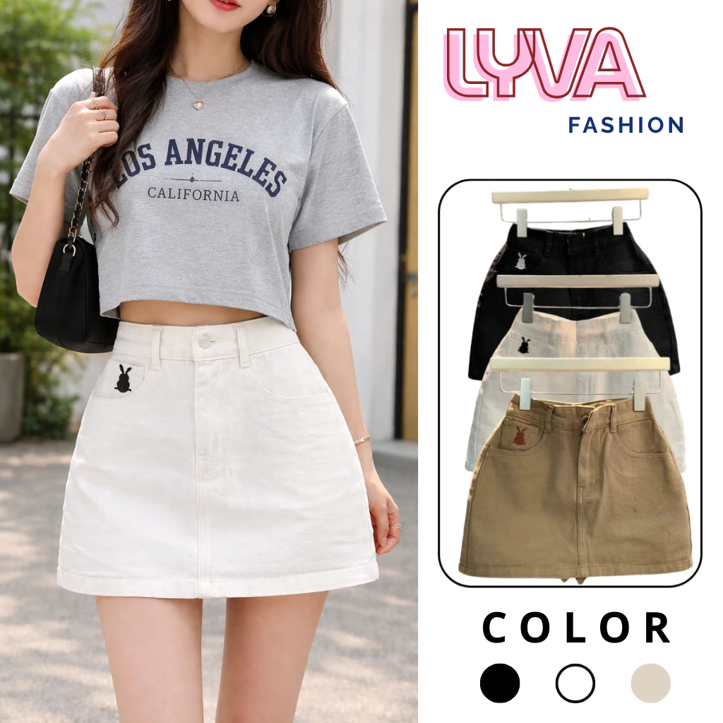 Chân Váy Jeans Ngắn Thêu Thỏ Túi Trước Vải Dày Dặn Form Cạp Lưng Cao Hách Dáng Kèm Quần Bảo Hộ - LyVa Fashion