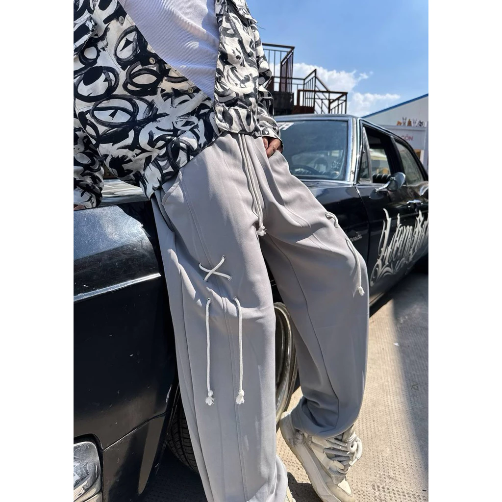 Quần ống rộng xám phối dây hai bên form suông unisex PAPY dễ phối