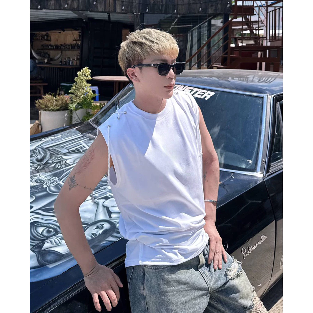 Áo thun Tanktop unisex màu trắng phối dây hai bên PAPY streetwear