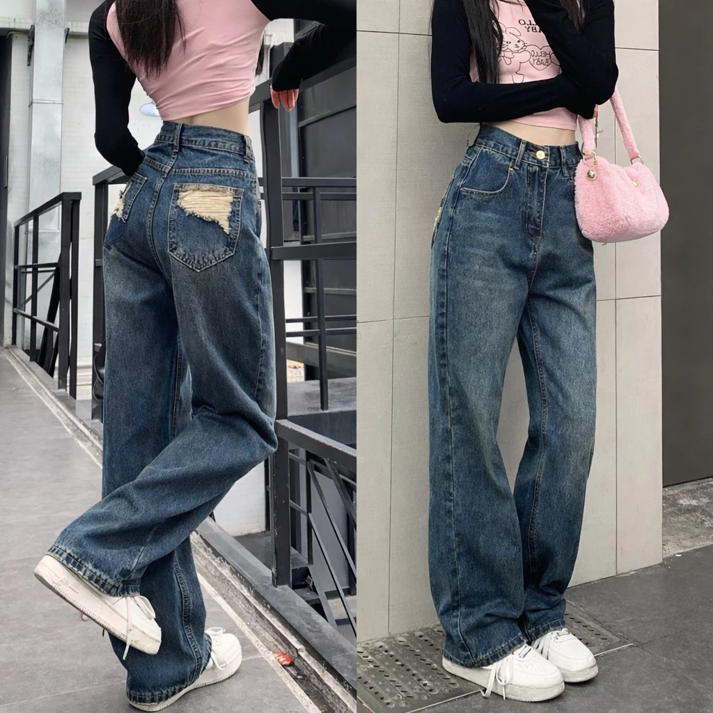 Quần Jeans Nữ Suông Ống Rộng Lưng Cao, Rách Túi Cá Tính 4495 Bigsize quần bò nữ ống rộng dáng xuông