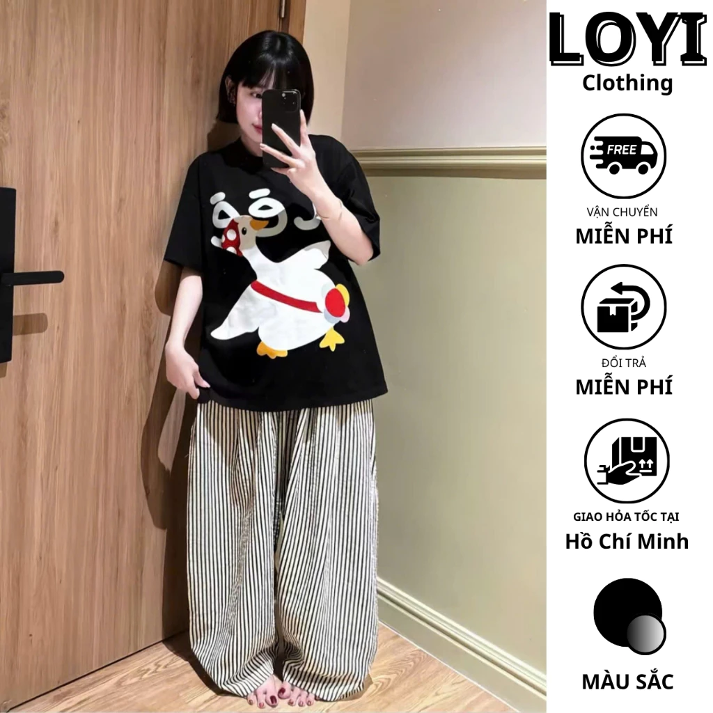 [Hỏa Tốc] Set Đồ Nữ Áo Thun Form Rộng In Hình Vịt + Quần Suông Sọc Ống Rộng – Set Bộ Đồ Nữ Dễ Thương