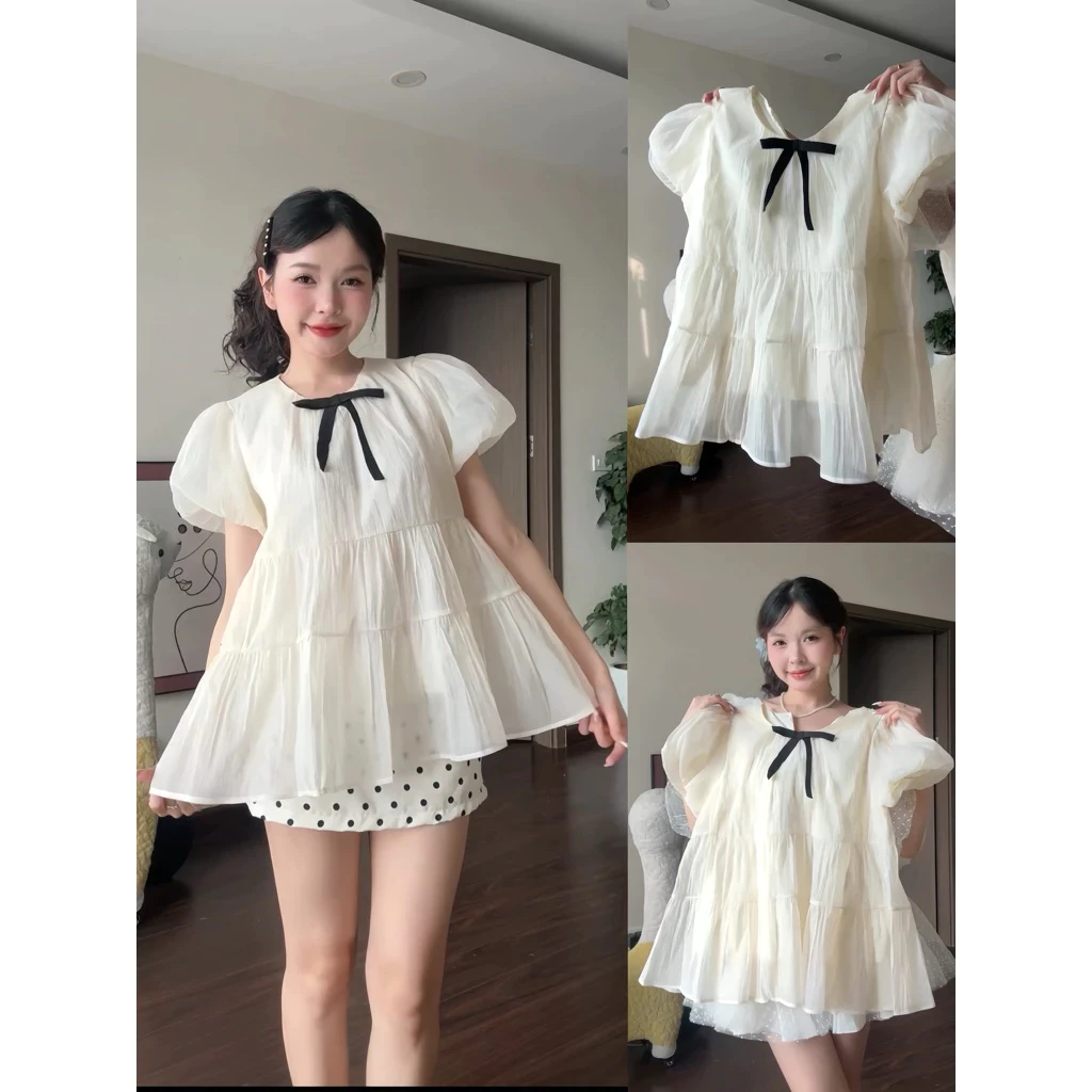 (Áo Kèm Nơ / 2 Lớp) Áo Nữ Kiểu Babydoll Xoè Tay Bồng Tiểu Thư Siêu Xinh MS131