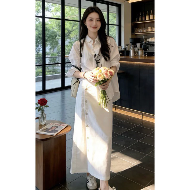 Set đồ nữ công sở thanh lịch , Set áo sơ mi trắng phối chân váy dài form suông kiểu Hàn Loga_L102