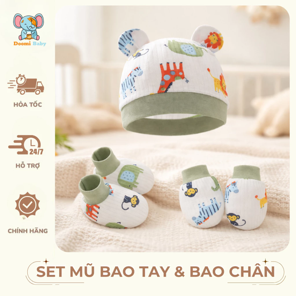 [Combo 3 Set] Set Mũ Bao Tay Bao Chân Vải Cotton Hàn Mềm Mịn Thoáng Mát Cho Bé Từ 0-3 Tháng - HT848