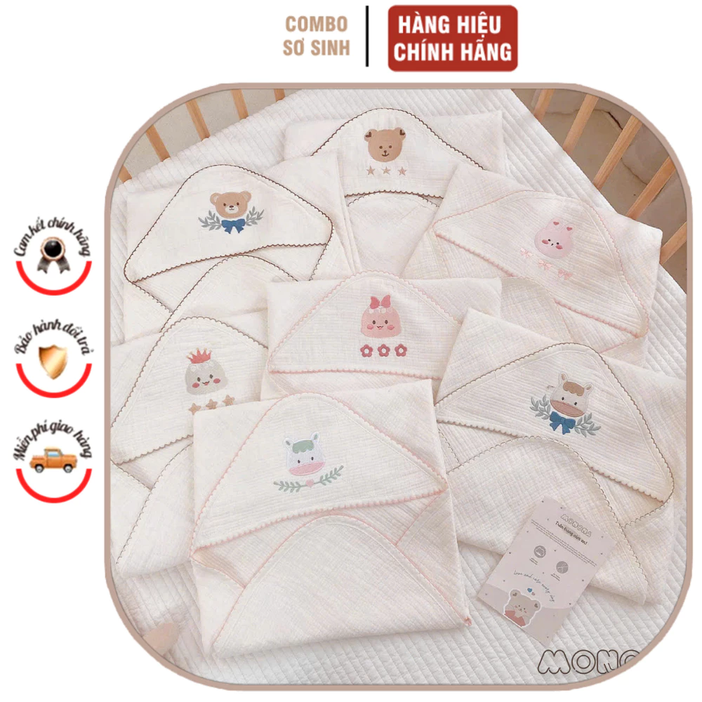 Ủ Choàng Đón Bé vải Xô, Cotton Waffle, hạt đậu Organic Kiêm Khăn Quấn Có Mũ Cho Bé  An Toàn Mềm Mại