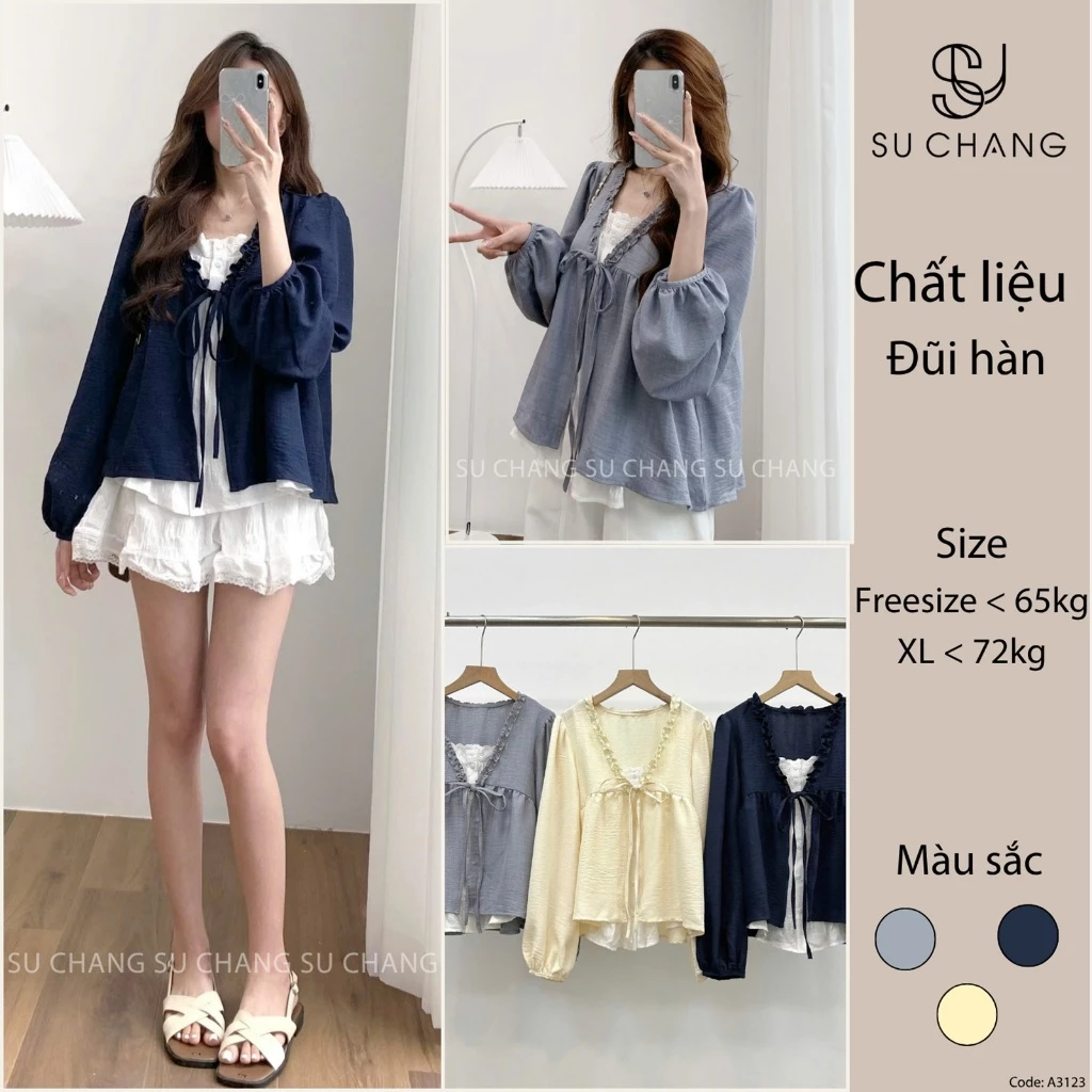 Áo Babydoll Phối Viền Bèo 2 Lớp Thắt Nơ A3123 Su Chang Thời Trang Nữ Bigsize